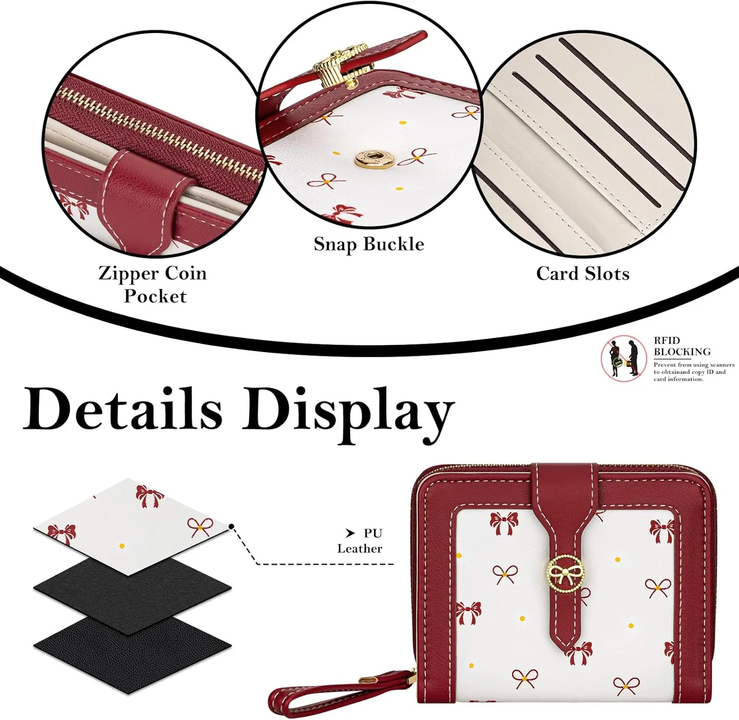 BIAOTIE Bow Women's Wallet Cute Bifold Zipper Around Wallet for Women RFID Credit Card Holder Purse for Ladies Aesthetic Leather Card Holder Purse