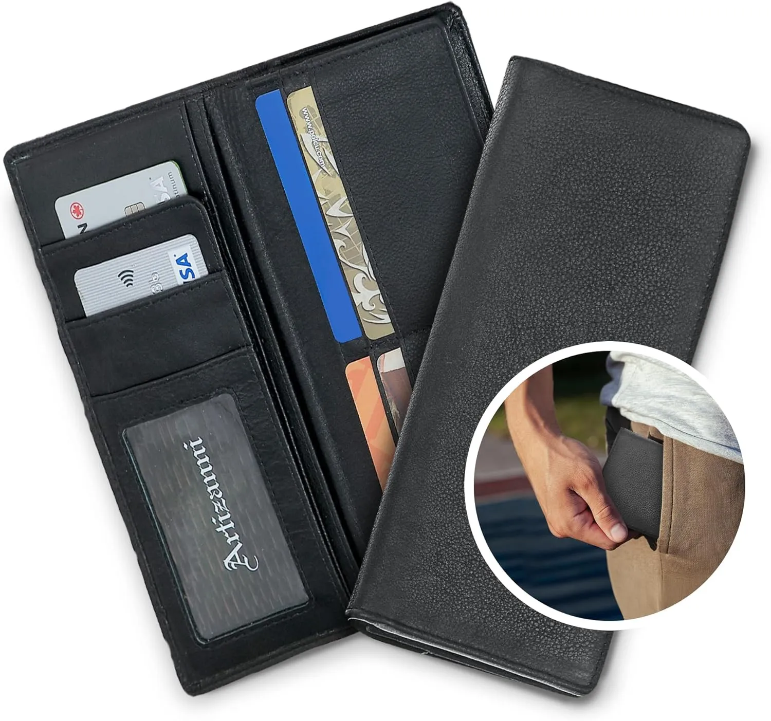Bifold Long Tall Wallet for Men, RFID Handmade with 22 Card Slots, 4 Bill Compartments & 1 Zippered Pocket, Leather Men’s Wallet, Minimalist Plaid Black OIl, 3.5” W x 8” H x 0.25