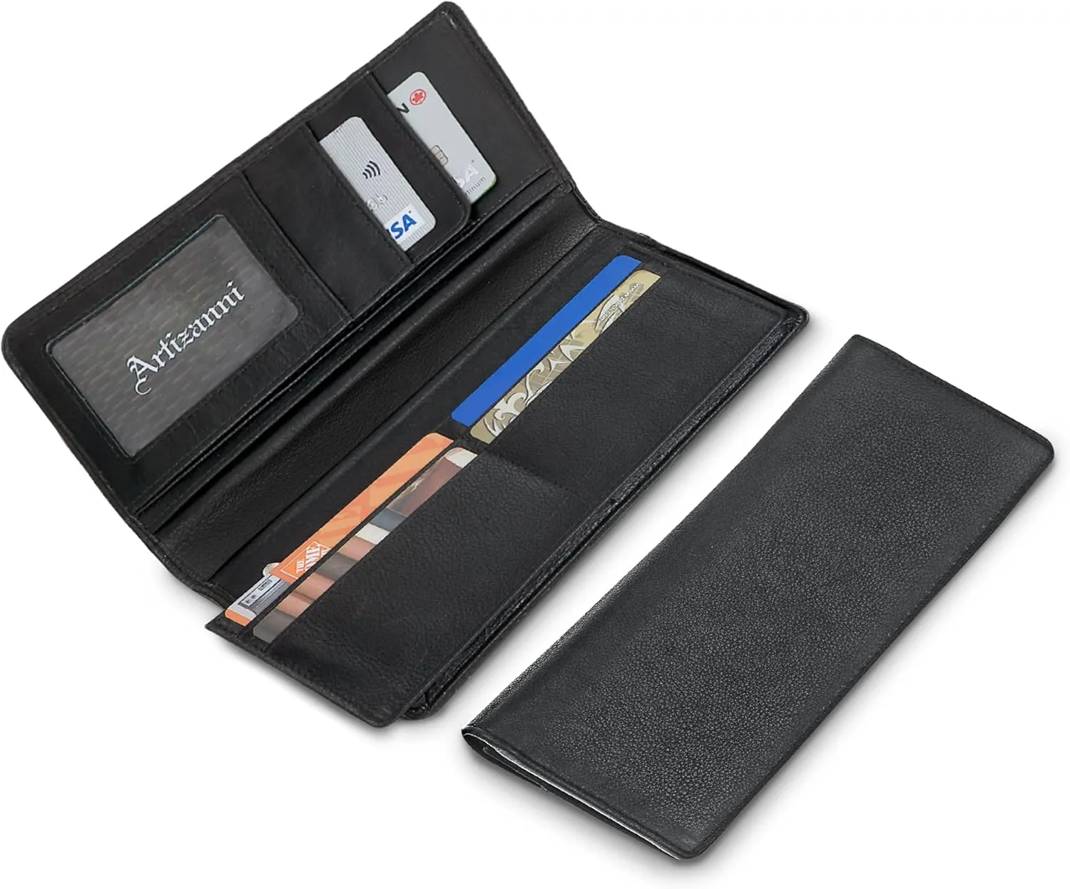 Bifold Long Tall Wallet for Men, RFID Handmade with 22 Card Slots, 4 Bill Compartments & 1 Zippered Pocket, Leather Men’s Wallet, Minimalist Plaid Black OIl, 3.5” W x 8” H x 0.25