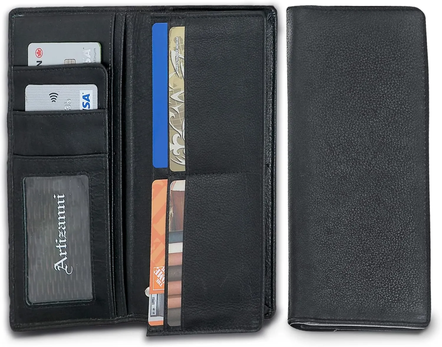 Bifold Long Tall Wallet for Men, RFID Handmade with 22 Card Slots, 4 Bill Compartments & 1 Zippered Pocket, Leather Men’s Wallet, Minimalist Plaid Black OIl, 3.5” W x 8” H x 0.25