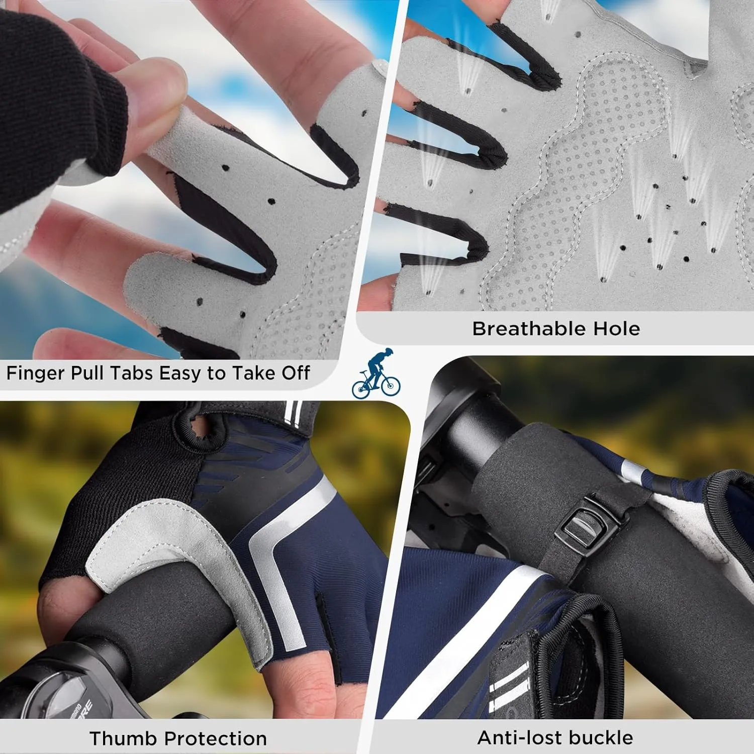 Bike Cycling Gloves - Men & Women, Anti-Slip, Shock-Absorbing Mountain Bike Gloves with Breathable Fabric & Reflective Strips