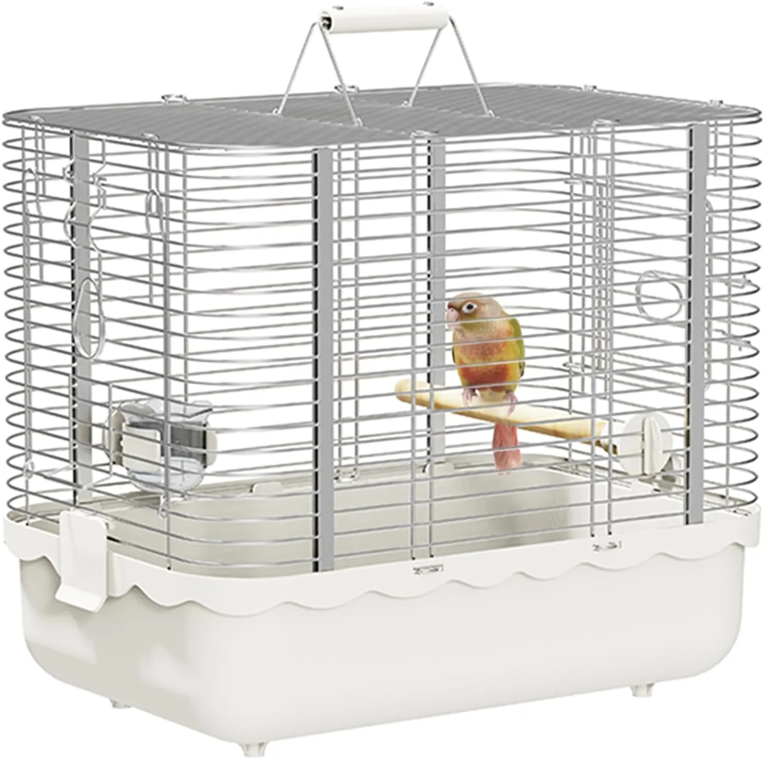 Bird Carrier Travel Cage, Durable Portable Stainless Steel Birdcage with Bird Perch & Feeding Bowl for Parrots Canaries Budgies Lovebirds Conures Cockatiels (Large White)