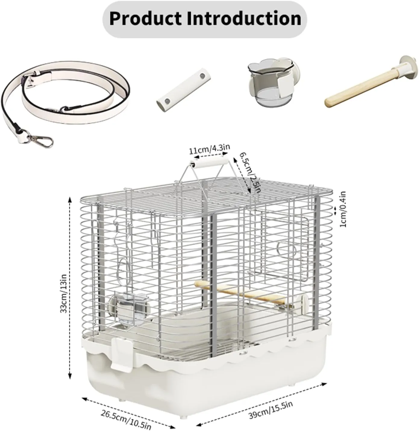 Bird Carrier Travel Cage, Durable Portable Stainless Steel Birdcage with Bird Perch & Feeding Bowl for Parrots Canaries Budgies Lovebirds Conures Cockatiels (Large White)