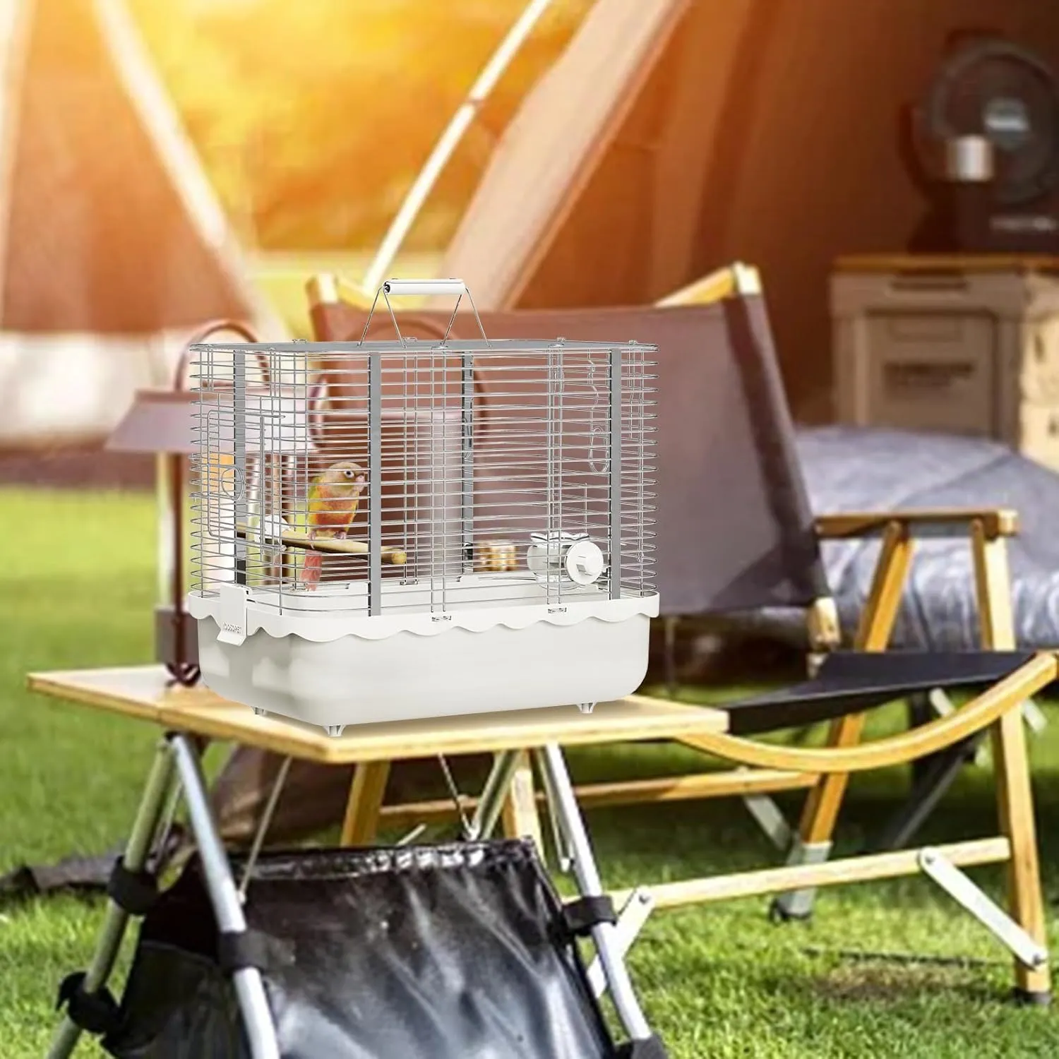 Bird Carrier Travel Cage, Durable Portable Stainless Steel Birdcage with Bird Perch & Feeding Bowl for Parrots Canaries Budgies Lovebirds Conures Cockatiels (Large White)