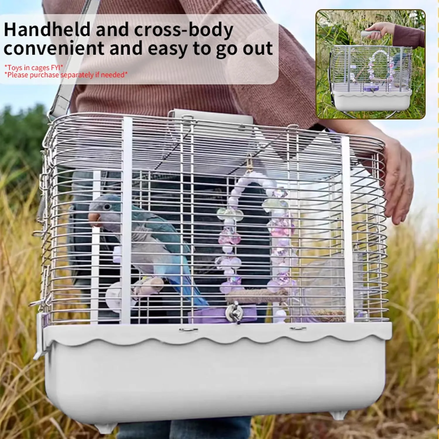 Bird Carrier Travel Cage, Durable Portable Stainless Steel Birdcage with Bird Perch & Feeding Bowl for Parrots Canaries Budgies Lovebirds Conures Cockatiels (Large White)