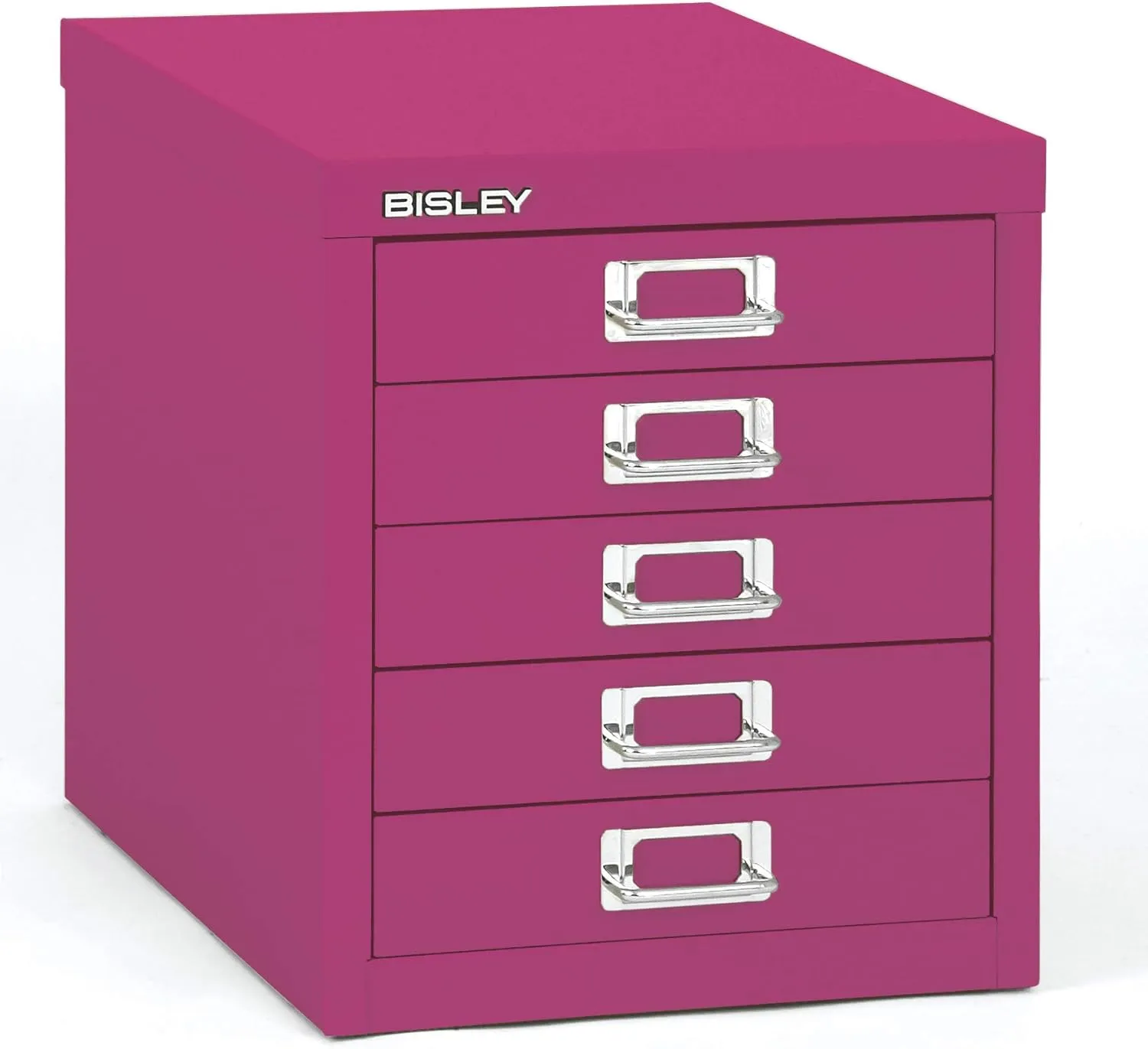 Bisley 5-Drawer Steel MultiDrawer Cabinet - Fuchsia, Chrome Pull Handles with Label Holders, Powder-Coated Steel, Removable Drawers, Desktop Storage, Labels Included