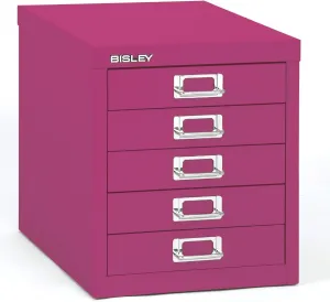 Bisley 5-Drawer Steel MultiDrawer Cabinet - Fuchsia, Chrome Pull Handles with Label Holders, Powder-Coated Steel, Removable Drawers, Desktop Storage, Labels Included
