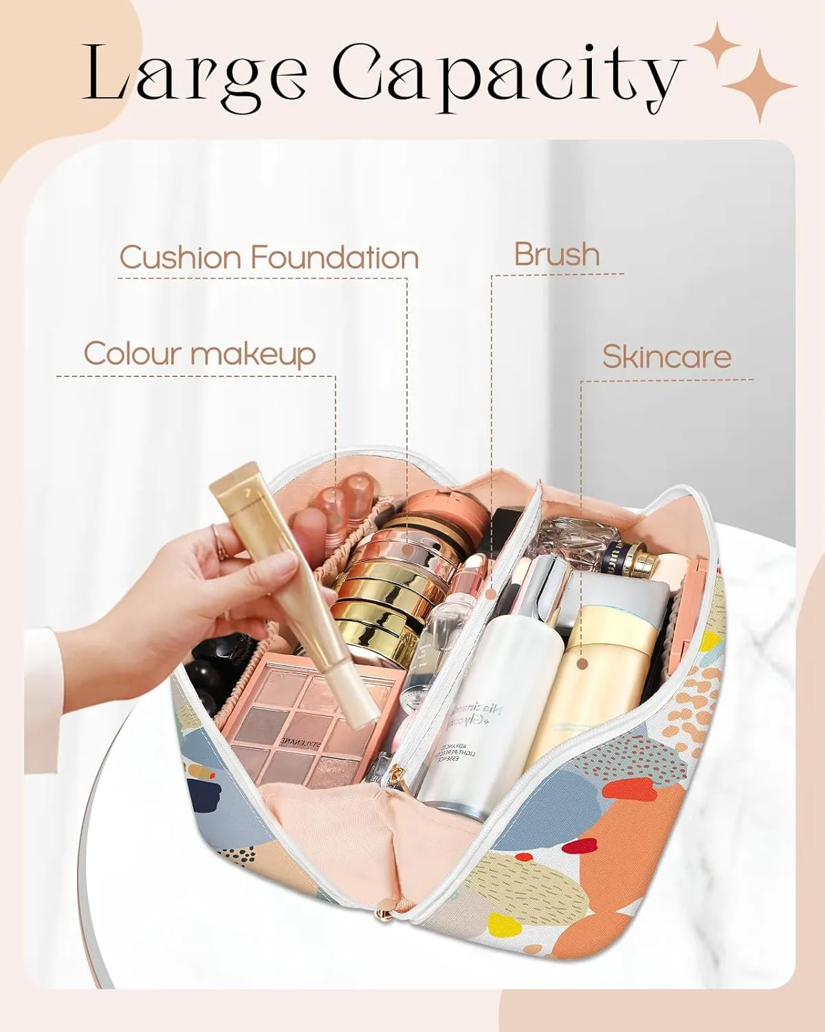 Bistup Makeup Bag Travel Cosmetic Bag Toiletry Make Up Bags Cute Women Large Capacity Big Medium Leather Abstract Aesthetic Portable Teen Girls Teenage Foldable Expandable Compact Open Flat Zip
