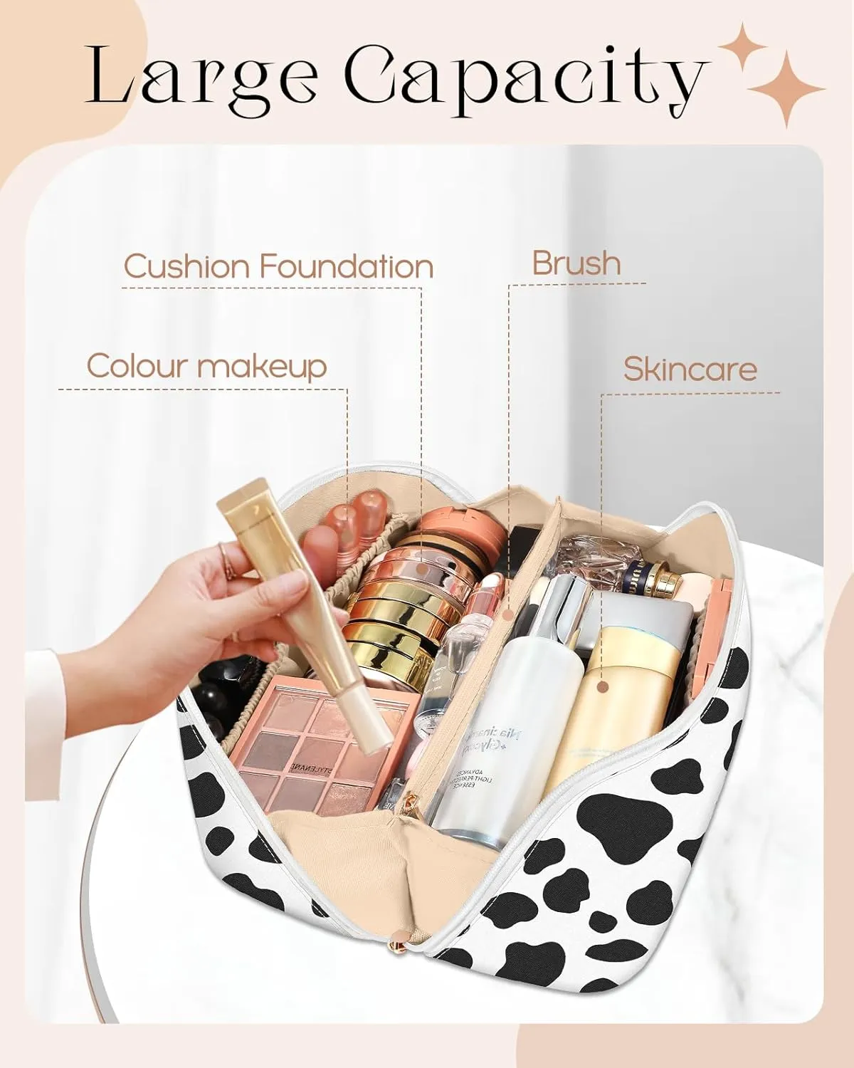 Bistup Makeup Bag Travel Cosmetic Bag Toiletry Make Up Bags Cute Women Large Capacity Big Medium Leather Cow Print Aesthetic Girl Teen Teenage Foldable Expandable Open Flat Zip