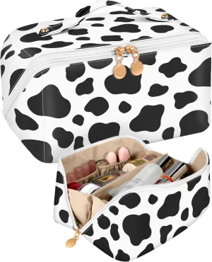 Bistup Makeup Bag Travel Cosmetic Bag Toiletry Make Up Bags Cute Women Large Capacity Big Medium Leather Cow Print Aesthetic Girl Teen Teenage Foldable Expandable Open Flat Zip