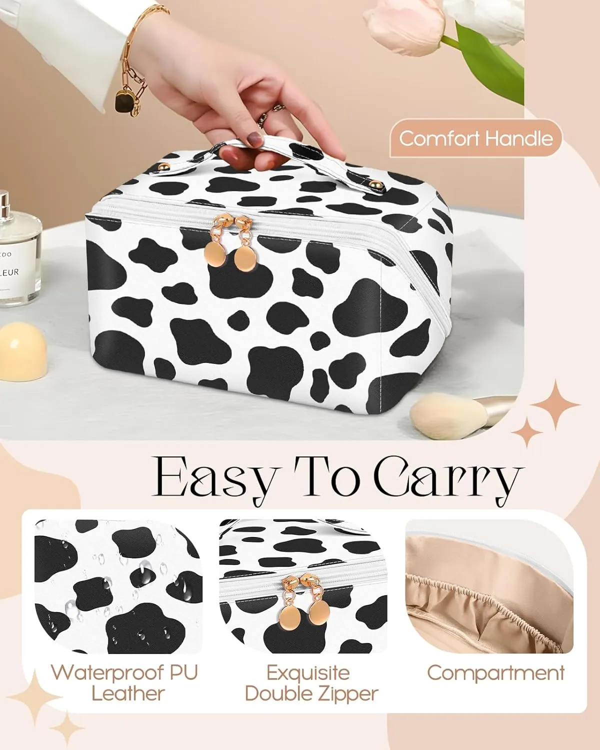 Bistup Makeup Bag Travel Cosmetic Bag Toiletry Make Up Bags Cute Women Large Capacity Big Medium Leather Cow Print Aesthetic Girl Teen Teenage Foldable Expandable Open Flat Zip