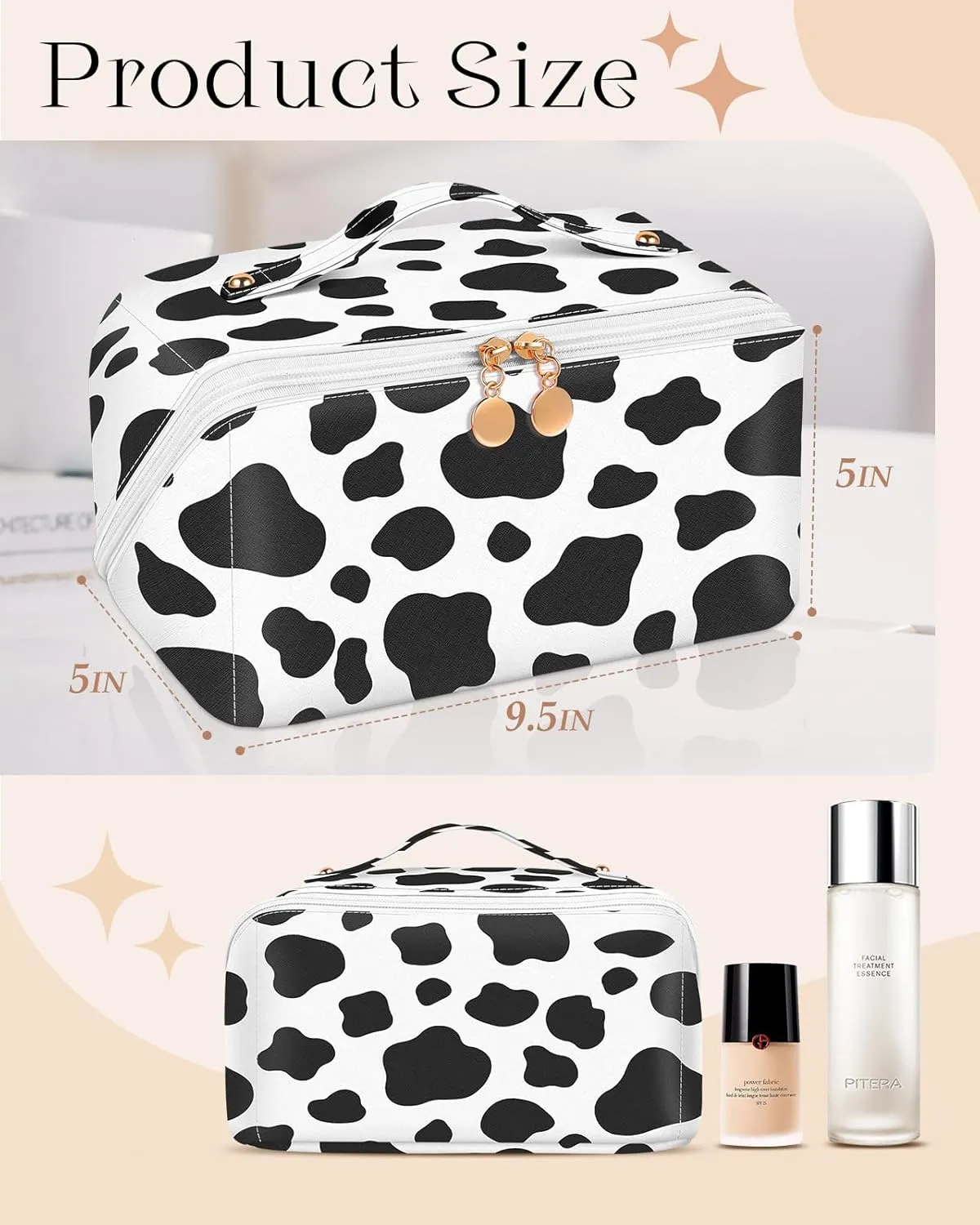 Bistup Makeup Bag Travel Cosmetic Bag Toiletry Make Up Bags Cute Women Large Capacity Big Medium Leather Cow Print Aesthetic Girl Teen Teenage Foldable Expandable Open Flat Zip