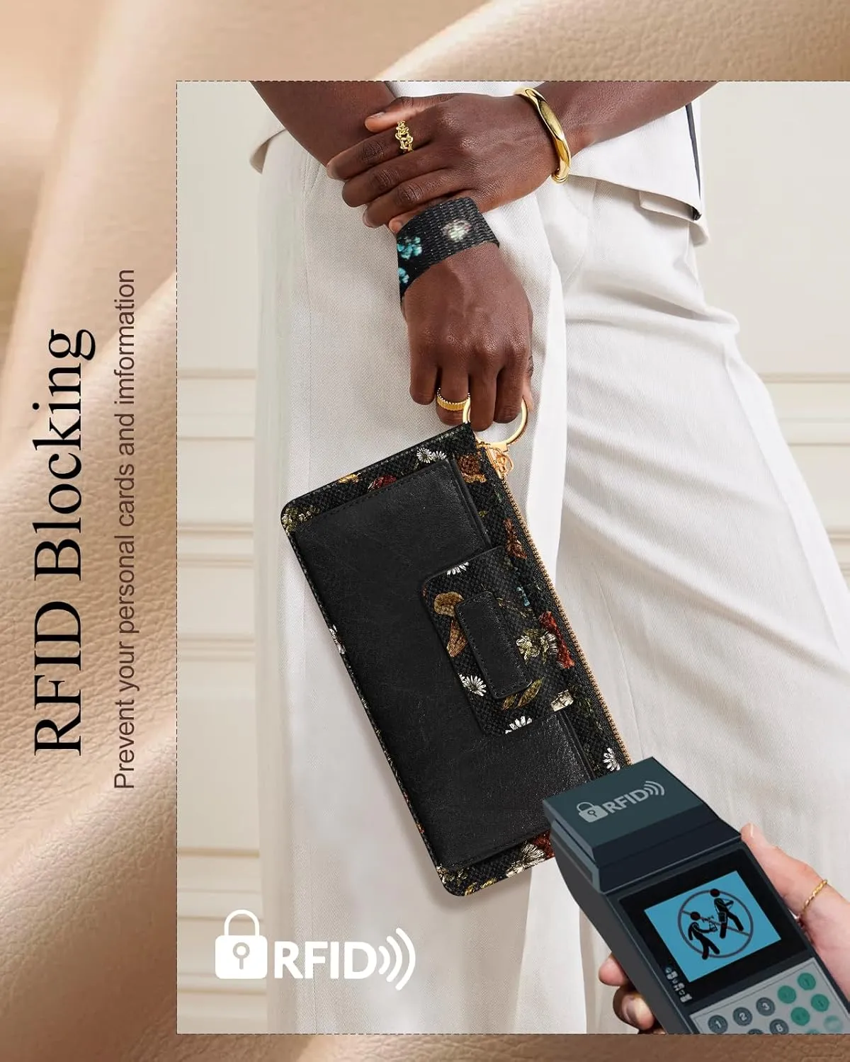 Bistup Wristlet Wallets Women - Cute Leather Ladies Teen Girls Credit Card Holder Keychain Large Capacity Flower Floral Rfid
