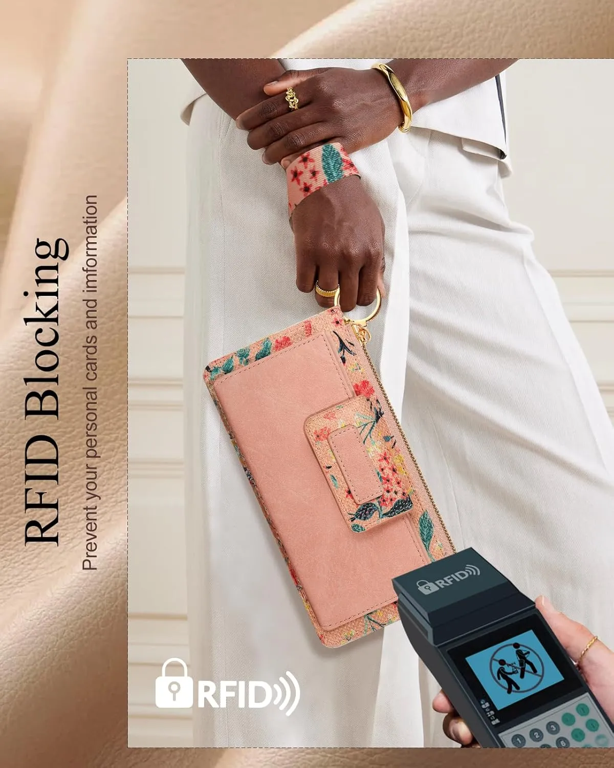 Bistup Wristlet Wallets Women - Cute Leather Ladies Teen Girls Credit Card Holder Keychain Large Capacity Flower Floral Rfid