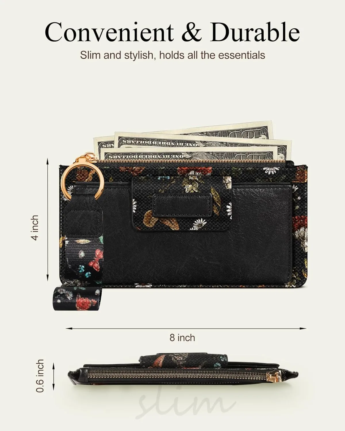 Bistup Wristlet Wallets Women - Cute Leather Ladies Teen Girls Credit Card Holder Keychain Large Capacity Flower Floral Rfid