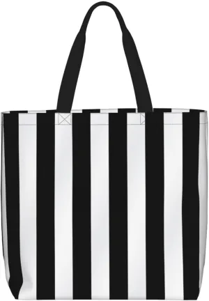 Black & White Stripe Tote Bag for Women Hobo Handbags with Zipper Large Shoulder Bag Shopping Bags Travel Purse