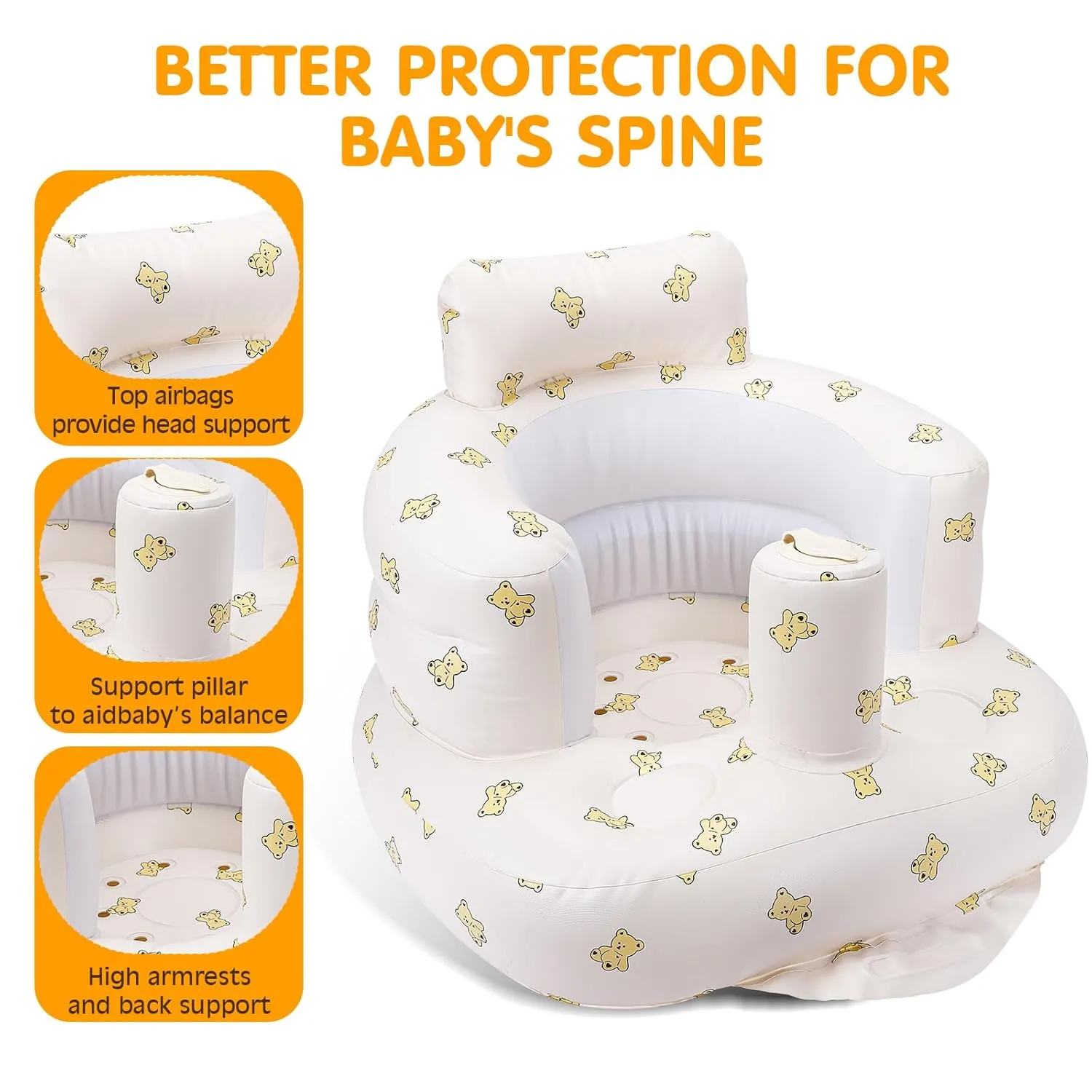 Blow Up Seat for Baby, Inflatable Baby Chair 3 Months & Up, Chair for Babies Sitting Up with Built in Pump (Bear)