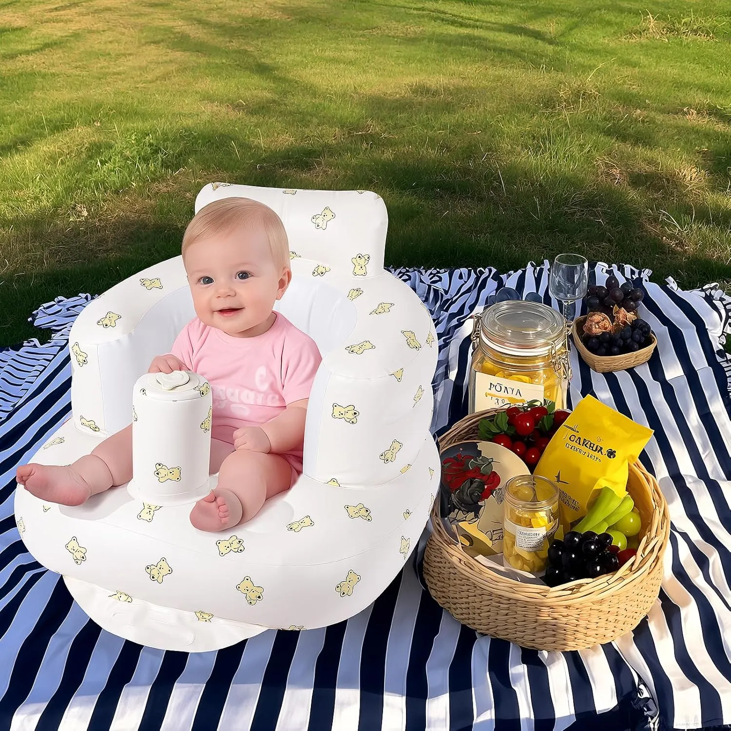 Blow Up Seat for Baby, Inflatable Baby Chair 3 Months & Up, Chair for Babies Sitting Up with Built in Pump (Bear)