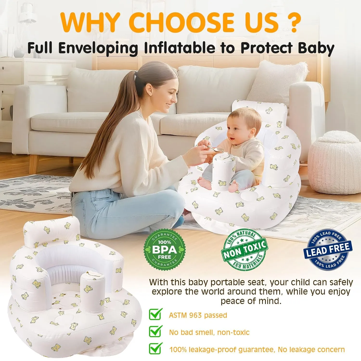 Blow Up Seat for Baby, Inflatable Baby Chair 3 Months & Up, Chair for Babies Sitting Up with Built in Pump (Bear)