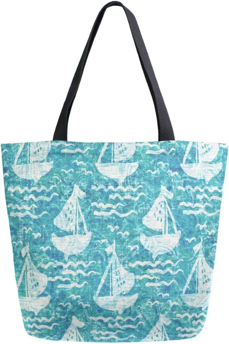 Blue Sailing Boat Canvas Tote Bag Summer Nautical Turquoise Wave Women Shoulder Bag Reusable Grocery Bags Large Handbag Travel Shopping Bag for School Nursing Gift Outdoors
