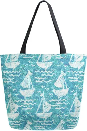 Blue Sailing Boat Canvas Tote Bag Summer Nautical Turquoise Wave Women Shoulder Bag Reusable Grocery Bags Large Handbag Travel Shopping Bag for School Nursing Gift Outdoors