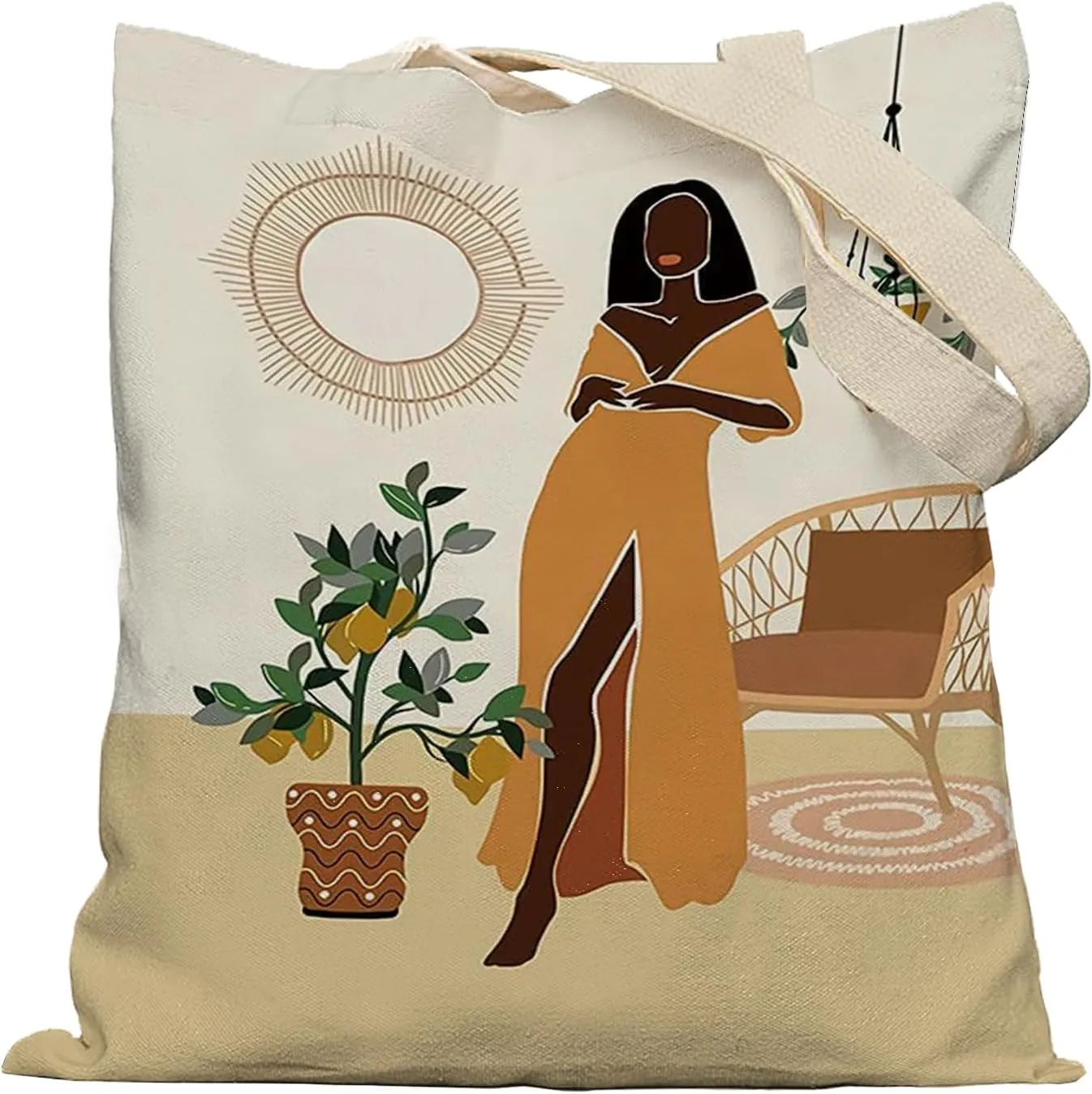 Boho African Woman Art Canvas Tote Bag Aesthetic, Black Woman Gifts, African American Gifts for Black Women, Black Woman Magic Gifts, Reusable Grocery Bags Shopping Bags
