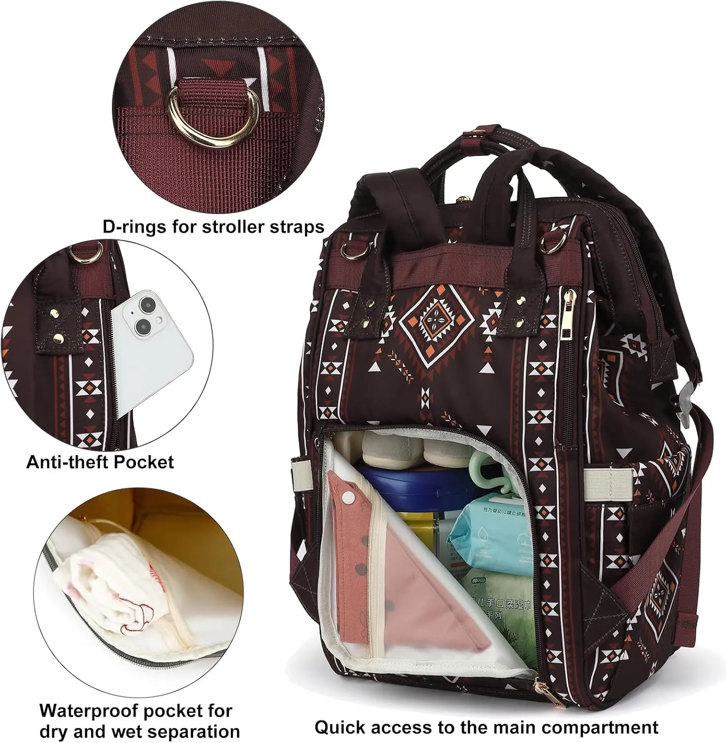 Boho Diaper Bag Backpack for Mom Dad, Multifunctional Bohemia Baby Nappy Backpack with Stroller Straps Insulated Pockets (Coffee)