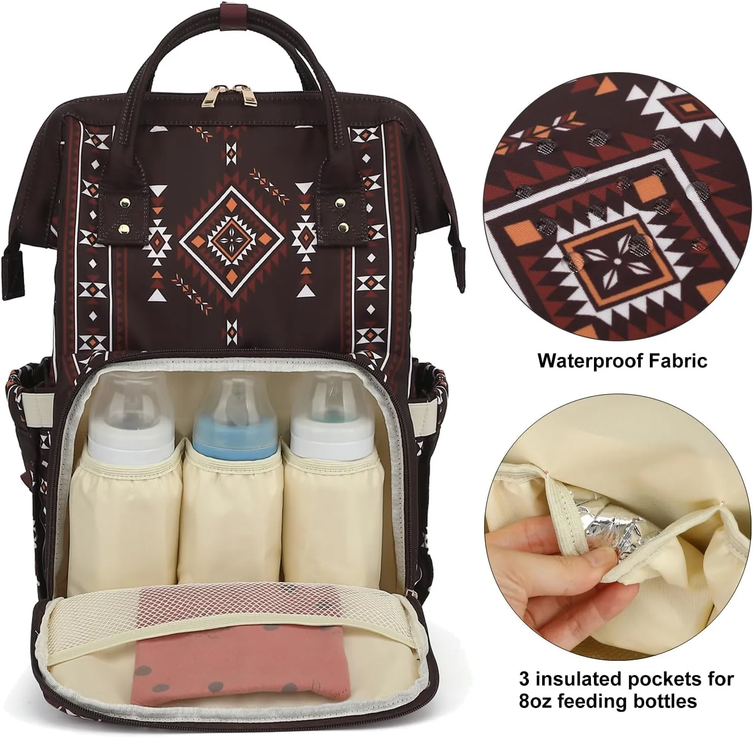 Boho Diaper Bag Backpack for Mom Dad, Multifunctional Bohemia Baby Nappy Backpack with Stroller Straps Insulated Pockets (Coffee)