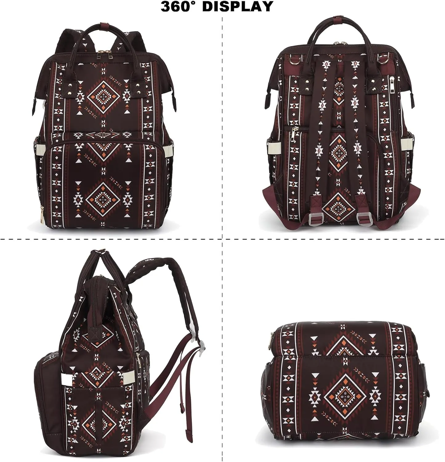 Boho Diaper Bag Backpack for Mom Dad, Multifunctional Bohemia Baby Nappy Backpack with Stroller Straps Insulated Pockets (Coffee)