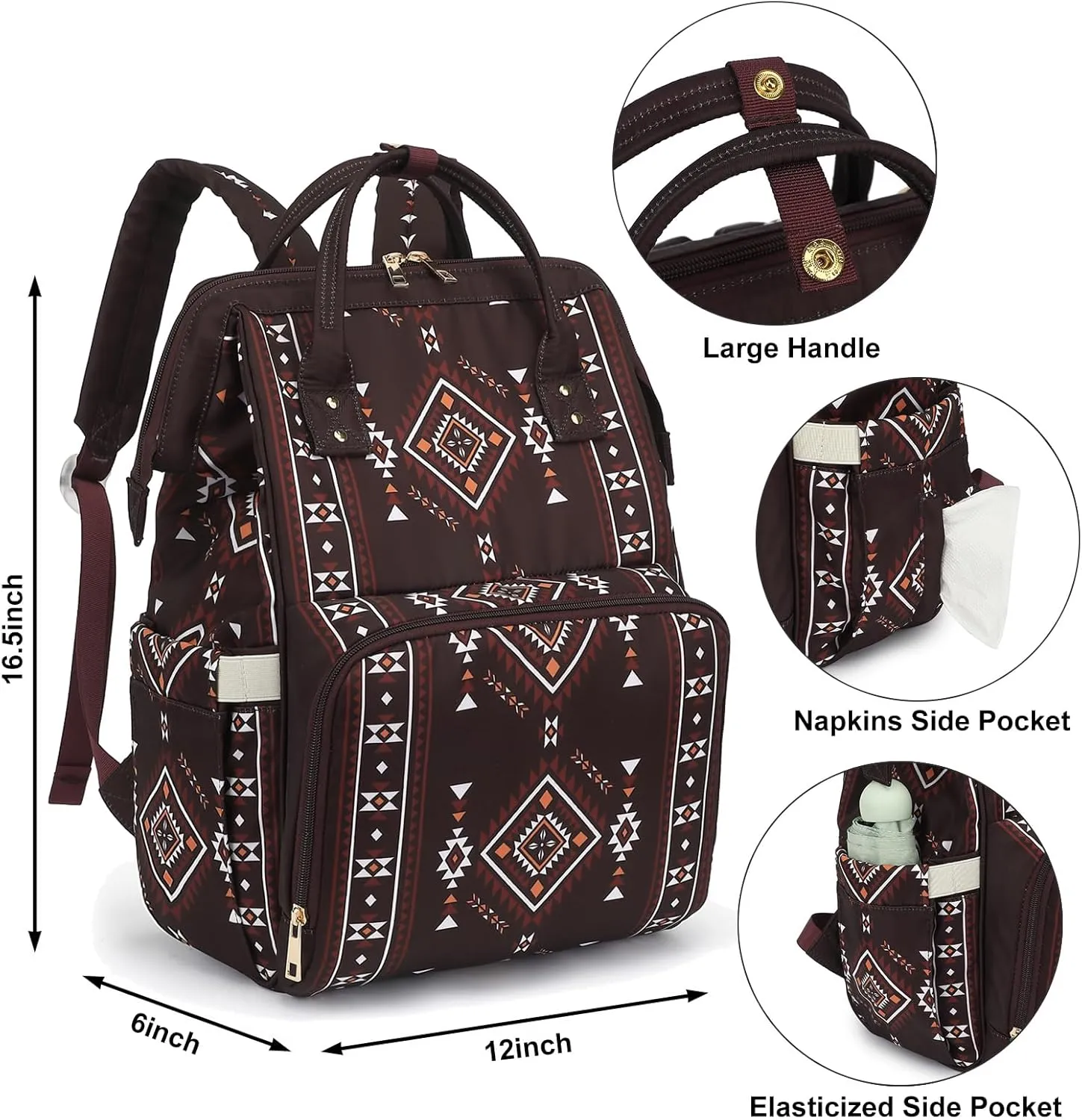 Boho Diaper Bag Backpack for Mom Dad, Multifunctional Bohemia Baby Nappy Backpack with Stroller Straps Insulated Pockets (Coffee)