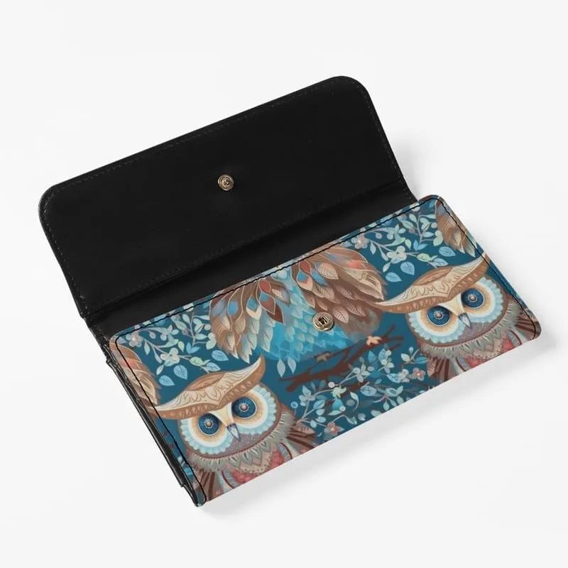 Boho Owl Womens Trifold Wallets Large Capacity Wallet Forest Blue Owl PU Luxury Leather Pocket Wallet Tribal Bird Totem Ladies Long Slim Card Holder Purse