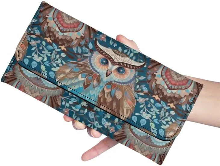 Boho Owl Womens Trifold Wallets Large Capacity Wallet Forest Blue Owl PU Luxury Leather Pocket Wallet Tribal Bird Totem Ladies Long Slim Card Holder Purse