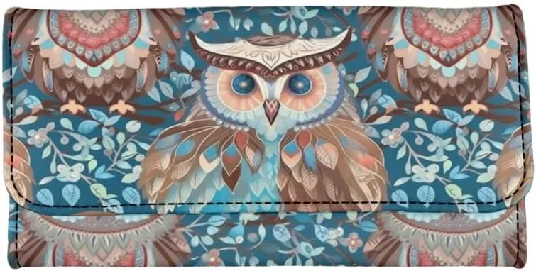 Boho Owl Womens Trifold Wallets Large Capacity Wallet Forest Blue Owl PU Luxury Leather Pocket Wallet Tribal Bird Totem Ladies Long Slim Card Holder Purse