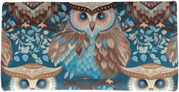 Boho Owl Womens Trifold Wallets Large Capacity Wallet Forest Blue Owl PU Luxury Leather Pocket Wallet Tribal Bird Totem Ladies Long Slim Card Holder Purse