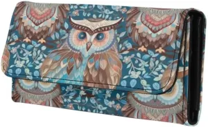 Boho Owl Womens Trifold Wallets Large Capacity Wallet Forest Blue Owl PU Luxury Leather Pocket Wallet Tribal Bird Totem Ladies Long Slim Card Holder Purse