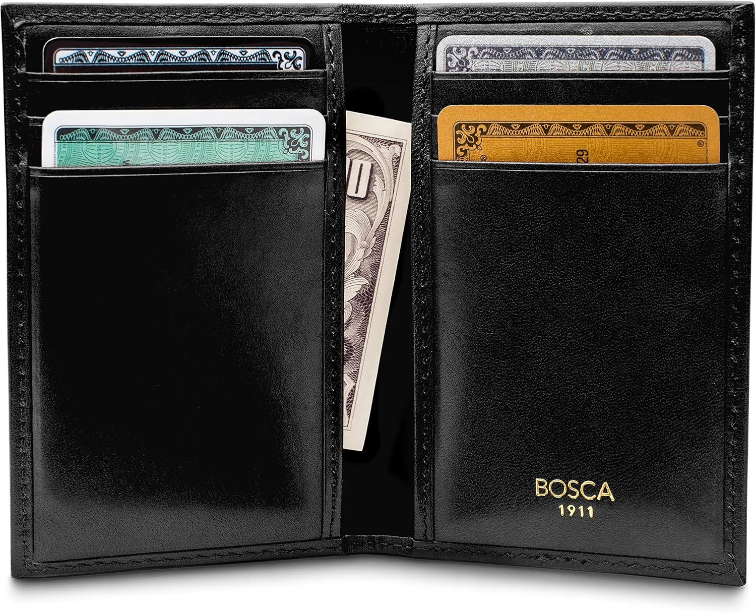 Bosca Men's Leather Card Holder Wallet – Italian Full Grain Vegetable Tanned Credit Card Case – 6 Card Slots, 2 Receipt Wells – Classic Glossy Finish – Gift-Ready Packaging - Black
