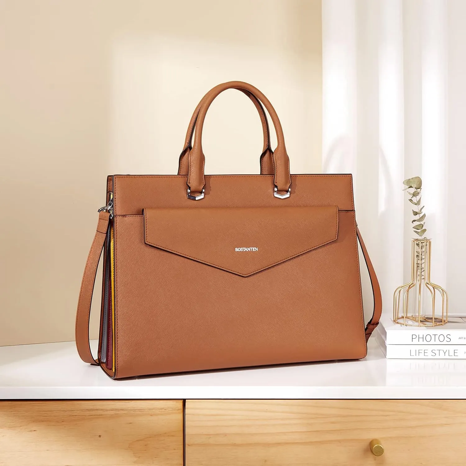 BOSTANTEN Briefcase for Women Laptop Tote 15.6 Inch Genuine Leather Handbag Work Bag Beige