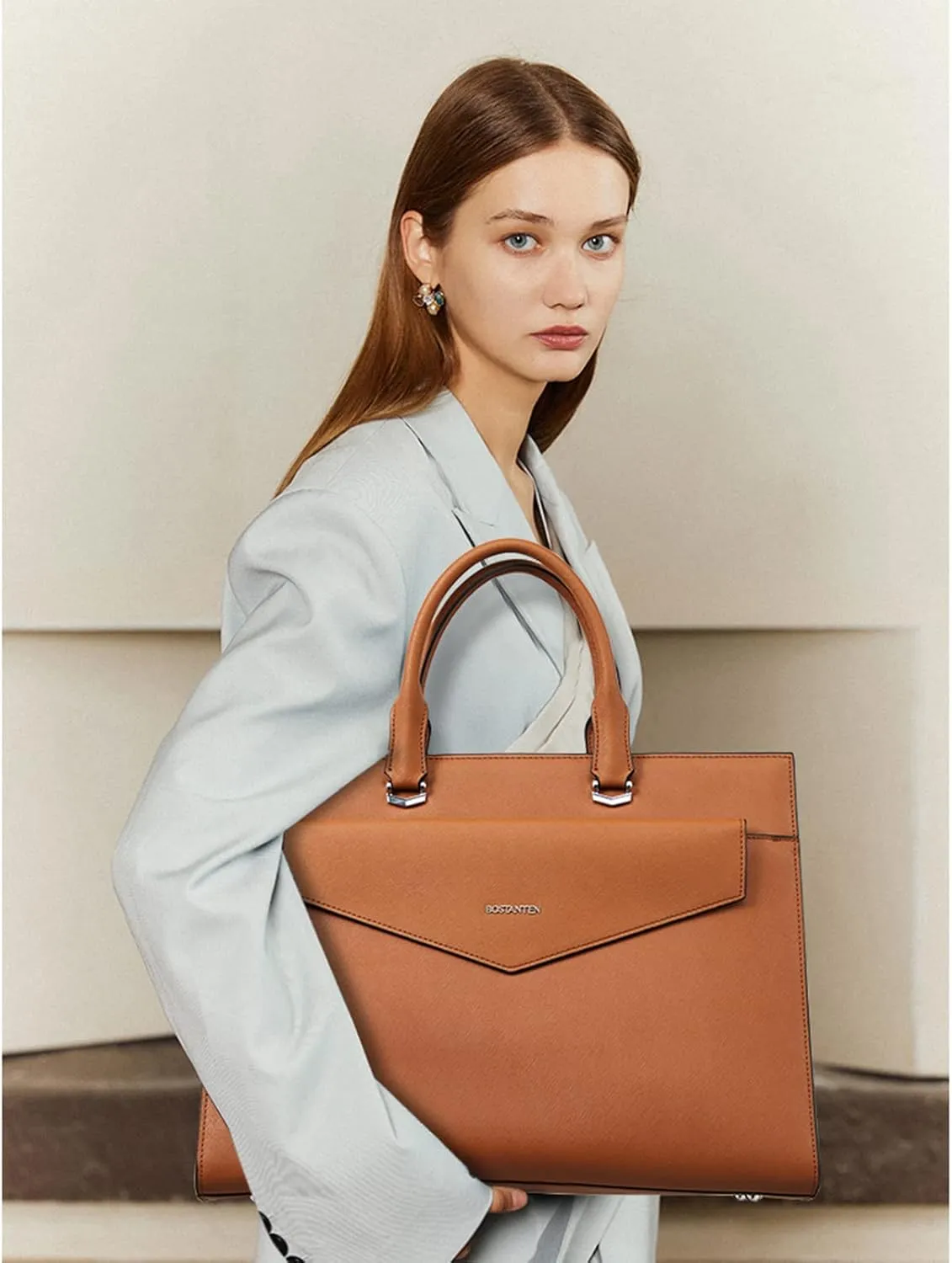 BOSTANTEN Briefcase for Women Laptop Tote 15.6 Inch Genuine Leather Handbag Work Bag Beige