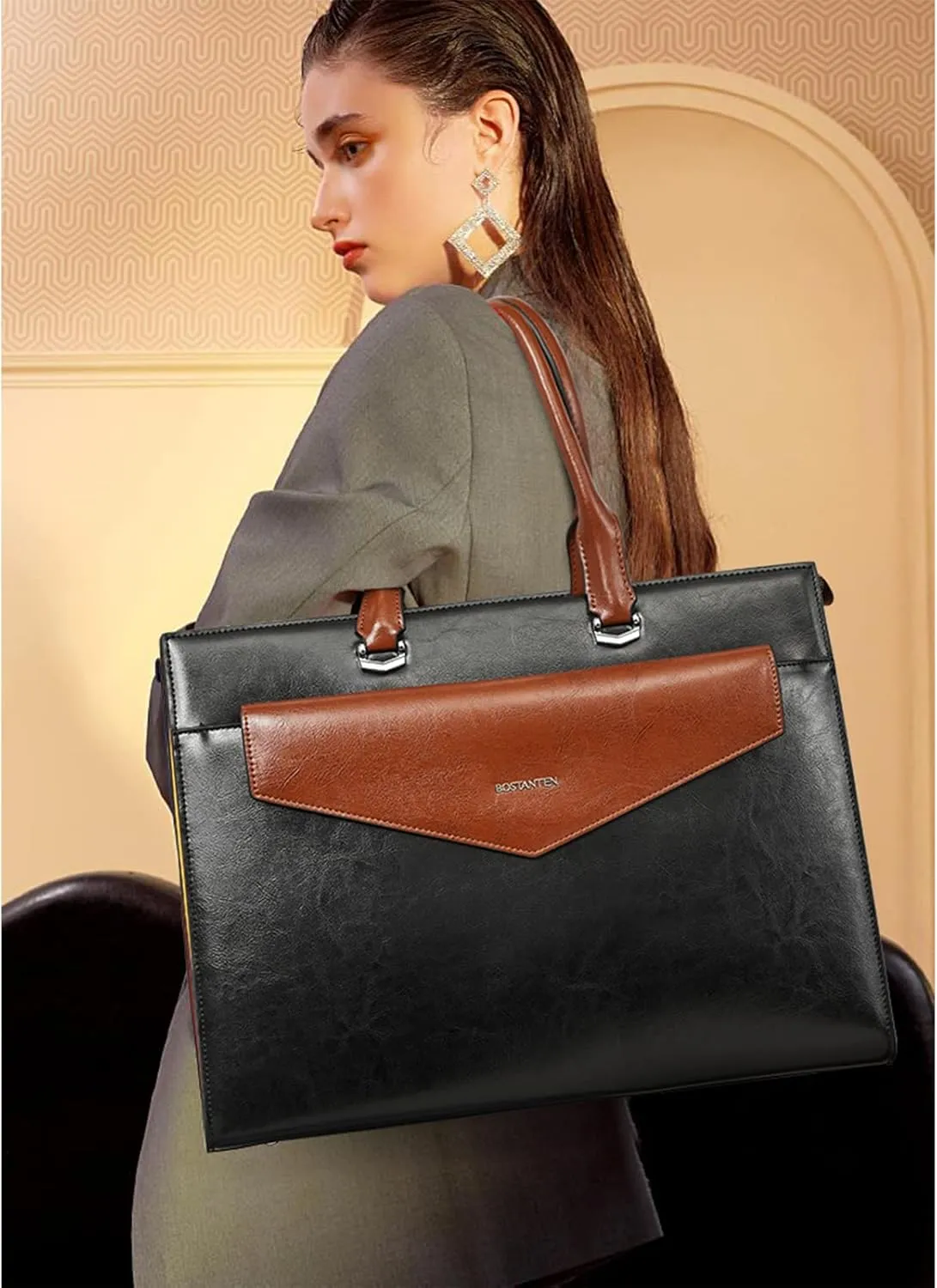 BOSTANTEN Briefcase for Women Laptop Tote 15.6 Inch Genuine Leather Handbag Work Bag Beige