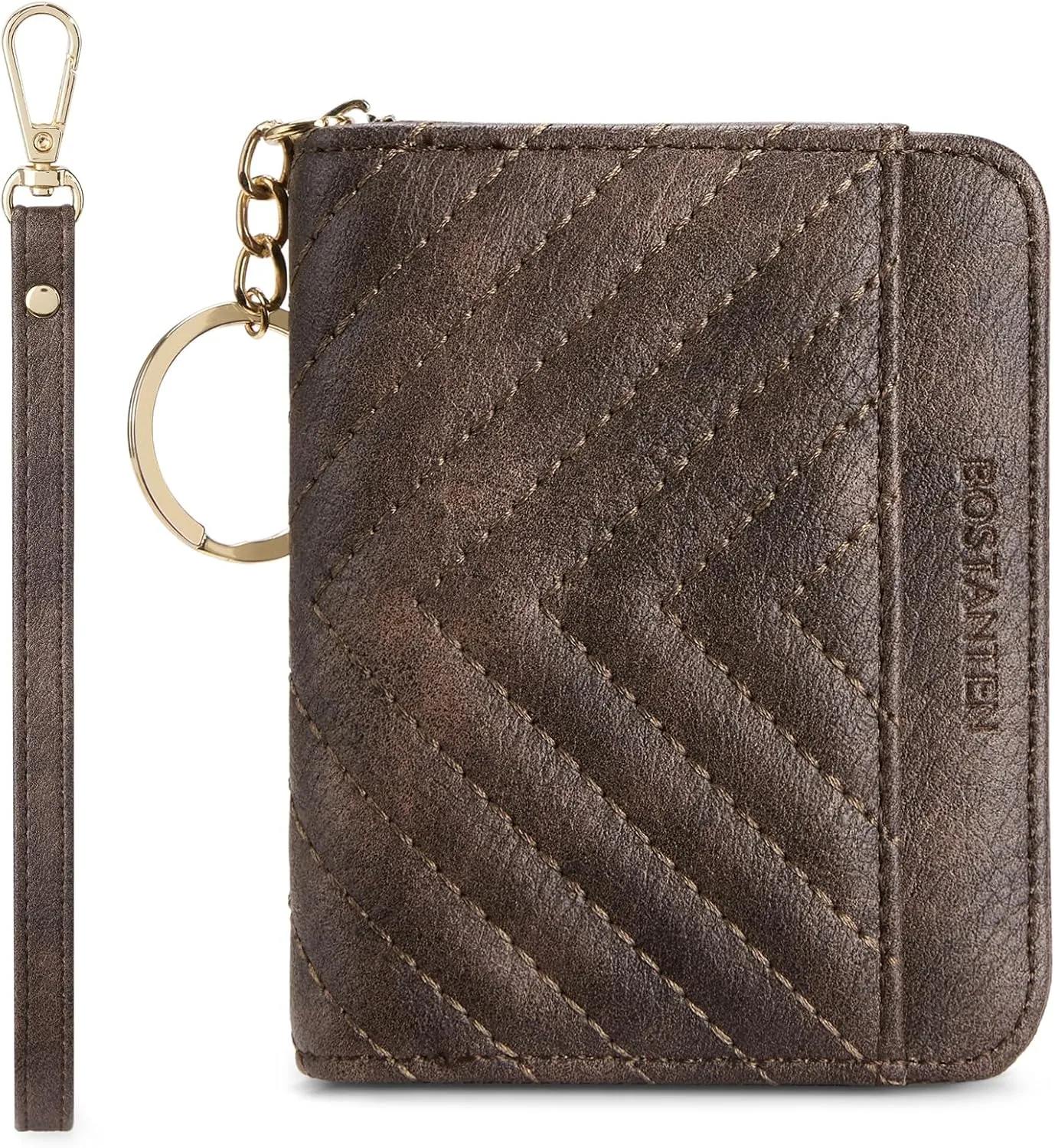 BOSTANTEN Credit Card Holder Wallet RFID Blocking Leather Small Wallet for Women Zipper Keychain Wallet with Wristlet Coffee