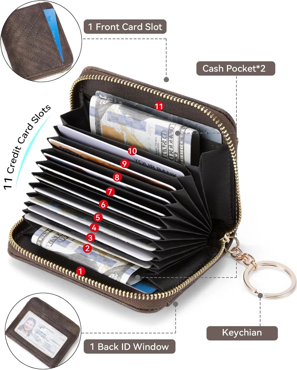BOSTANTEN Credit Card Holder Wallet RFID Blocking Leather Small Wallet for Women Zipper Keychain Wallet with Wristlet Coffee