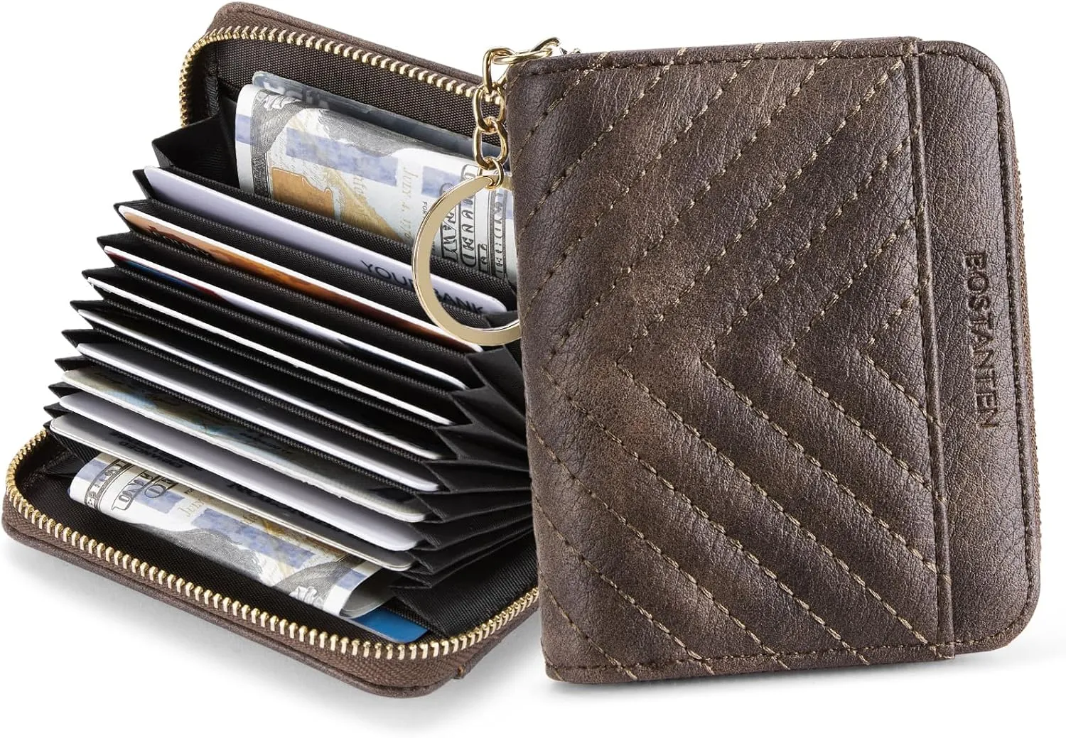 BOSTANTEN Credit Card Holder Wallet RFID Blocking Leather Small Wallet for Women Zipper Keychain Wallet with Wristlet Coffee