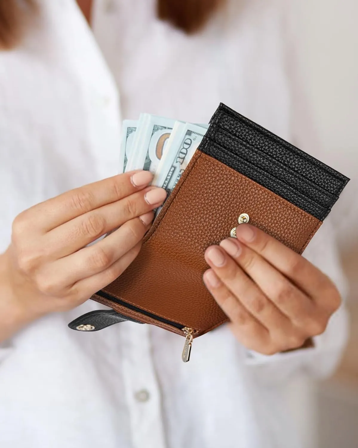 BOSTANTEN Slim Wallet for Women Small RFID Blocking Credit Card Holder Leather Bifold Wallets with Zipper Coin Pocket Black＆Brown