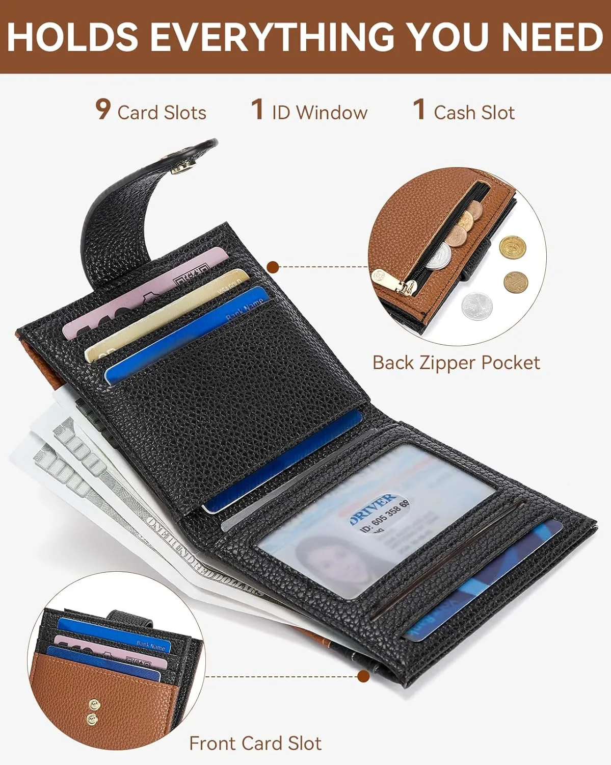 BOSTANTEN Slim Wallet for Women Small RFID Blocking Credit Card Holder Leather Bifold Wallets with Zipper Coin Pocket Black＆Brown