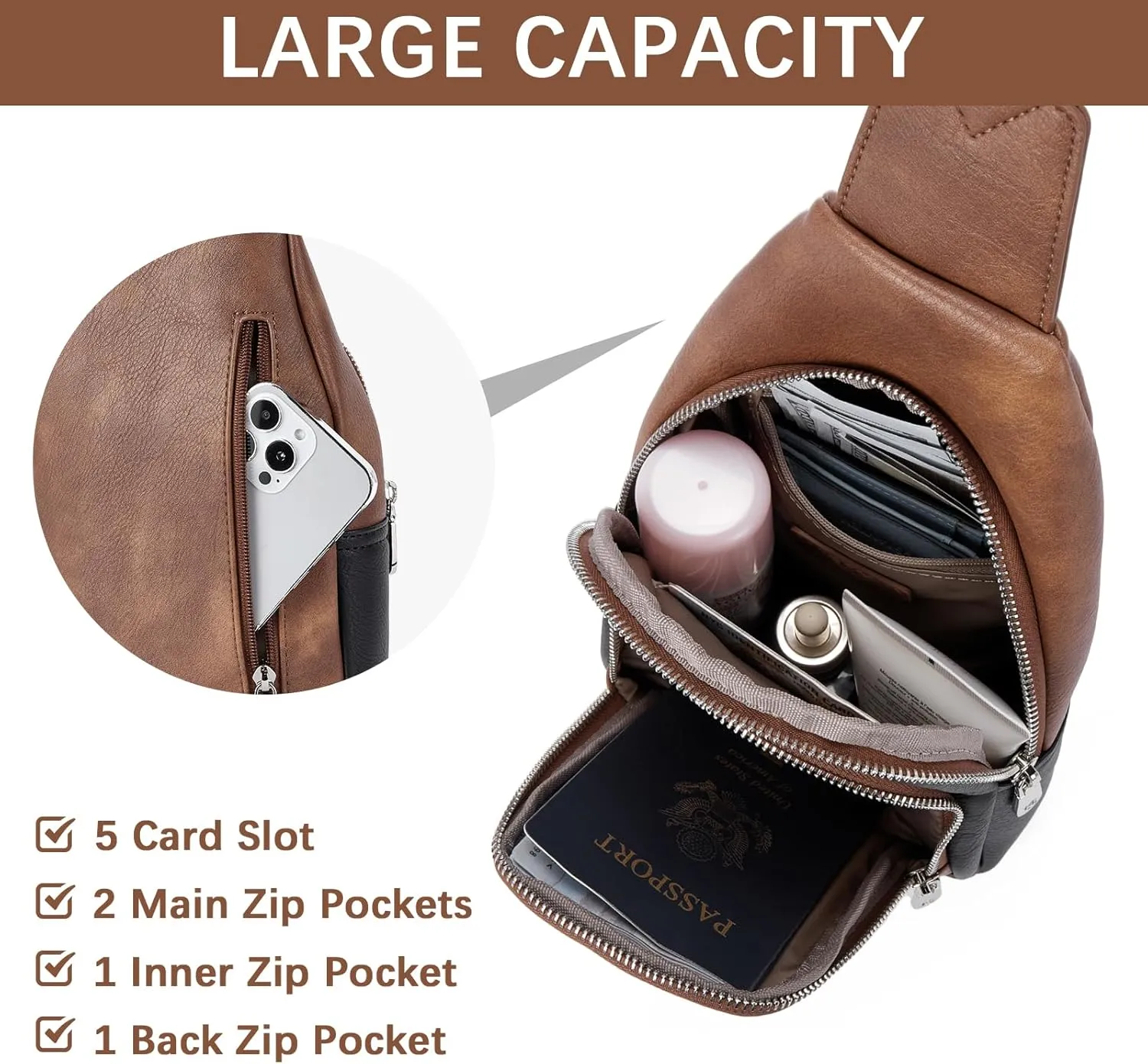 BOSTANTEN Sling Bag for Women Crossbody Purse Crossbody Bag Leather Chest Bag with Adjustable Guitar Strap for Travel