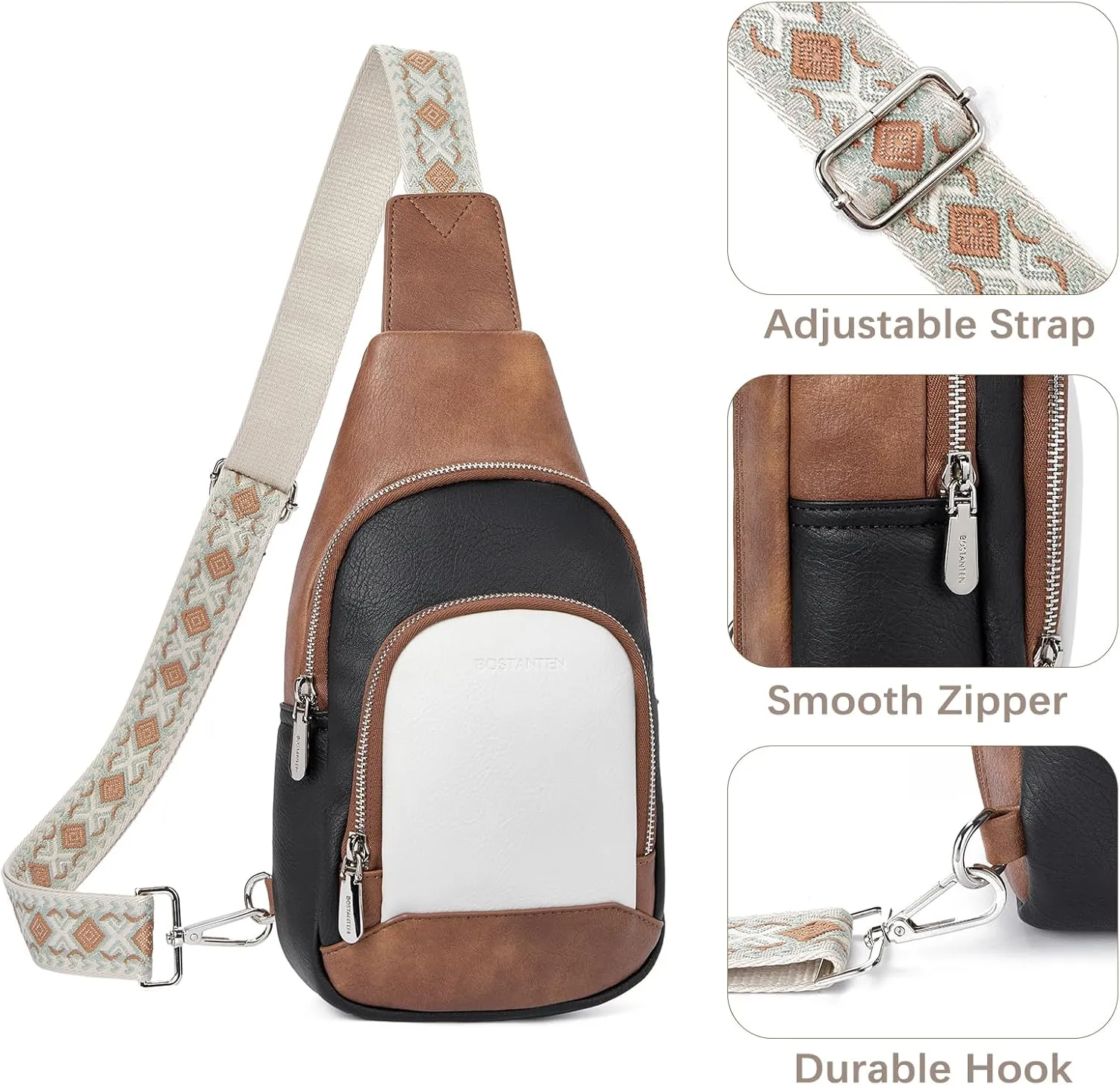 BOSTANTEN Sling Bag for Women Crossbody Purse Crossbody Bag Leather Chest Bag with Adjustable Guitar Strap for Travel