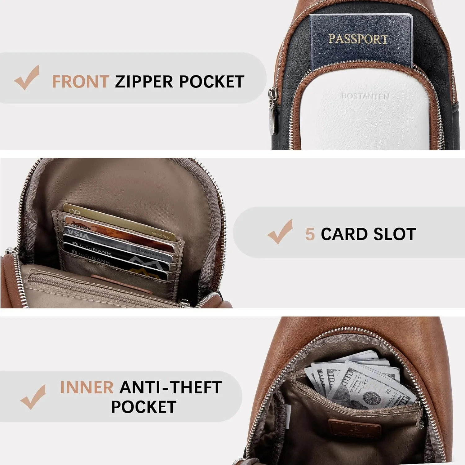 BOSTANTEN Sling Bag for Women Crossbody Purse Crossbody Bag Leather Chest Bag with Adjustable Guitar Strap for Travel