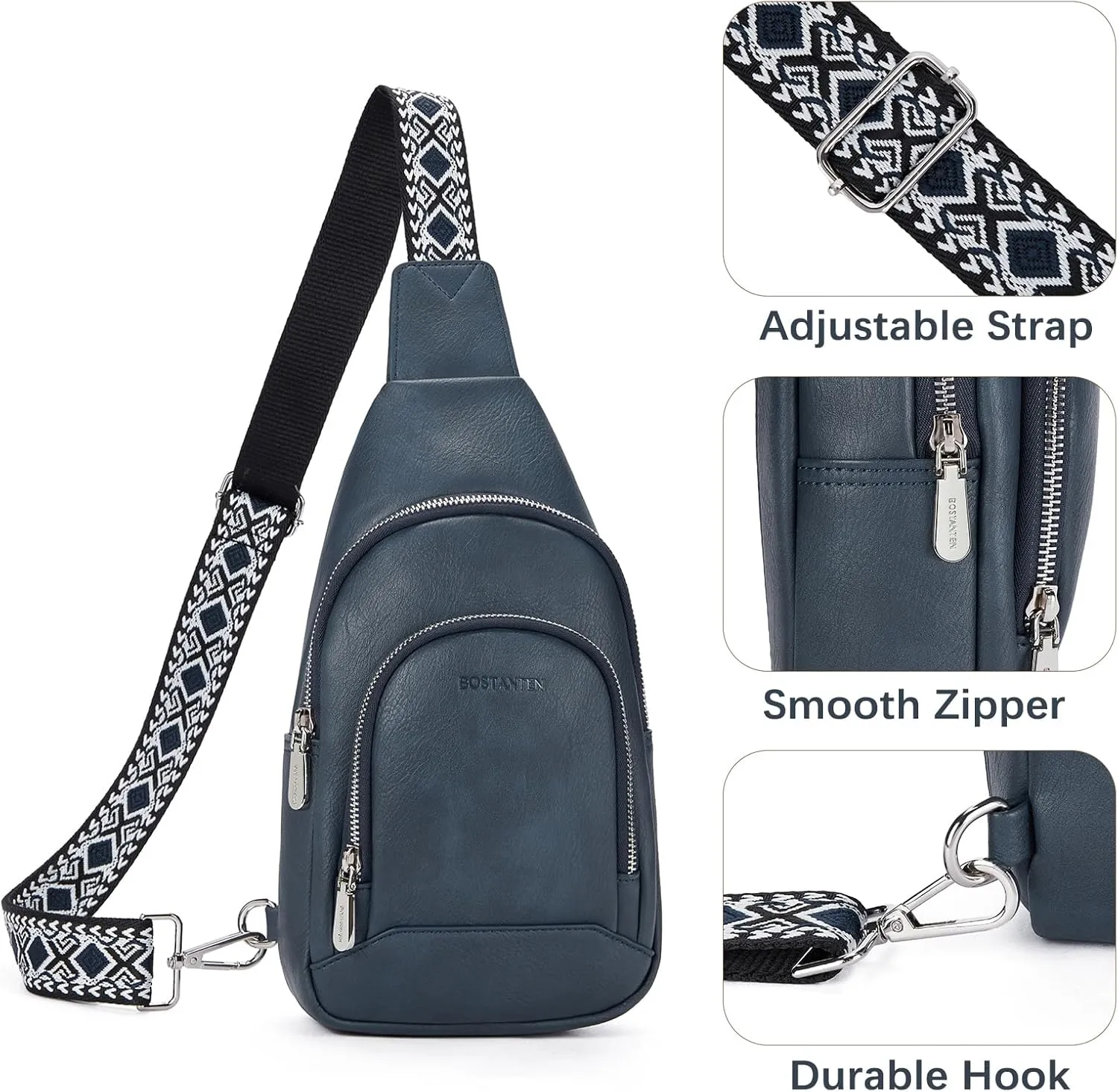 BOSTANTEN Sling Bag for Women Crossbody Purse Crossbody Bag Leather Chest Bag with Adjustable Guitar Strap for Travel
