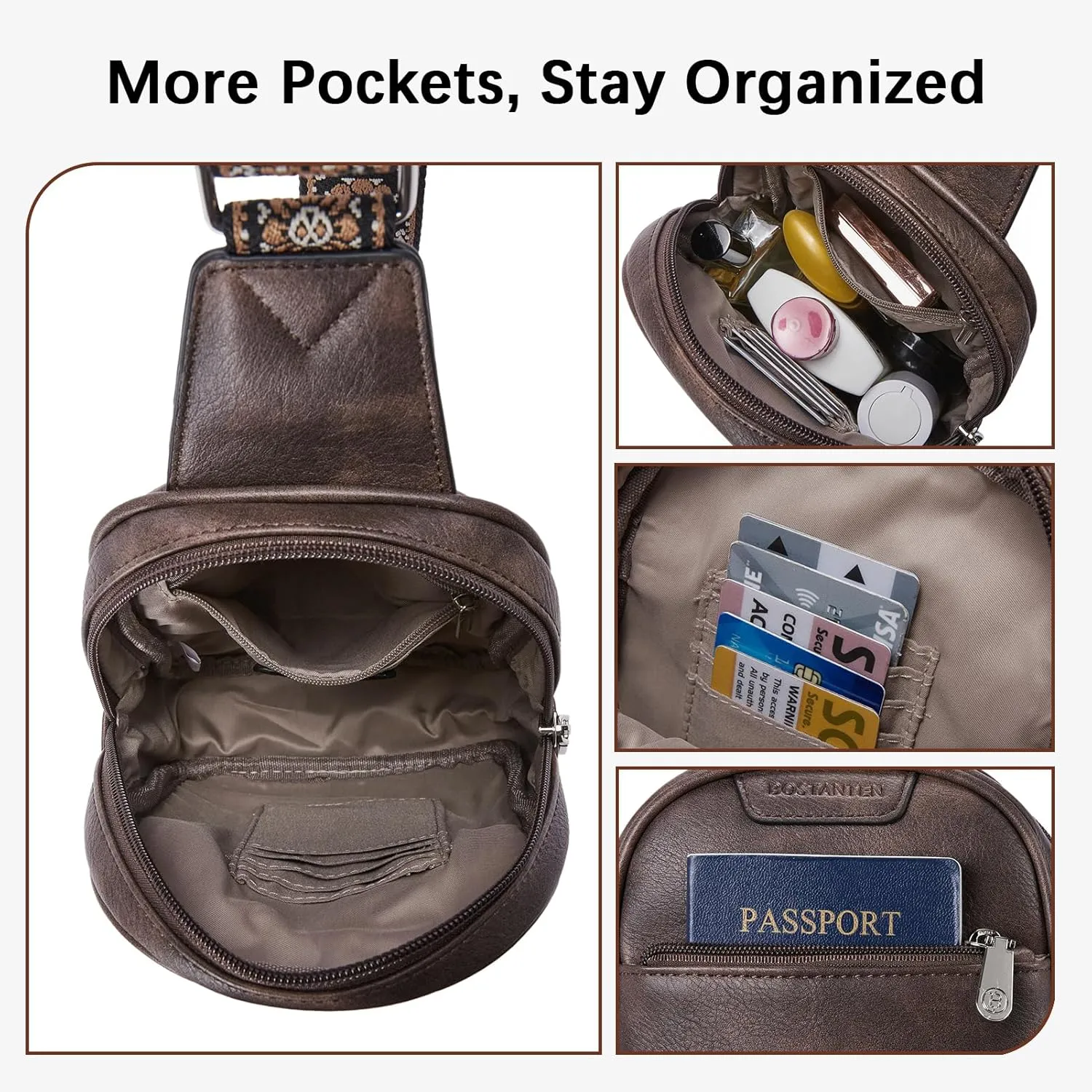 BOSTANTEN Small Sling Bag for Women Leather Crossbody Bags Fanny Pack Chest Bag for Travel