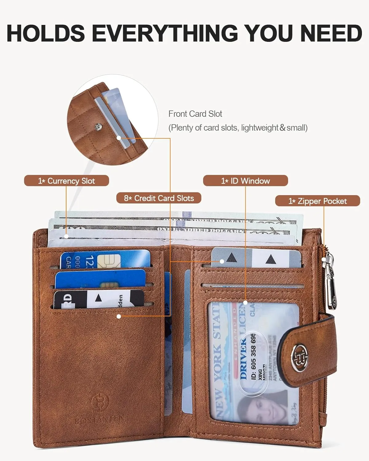 BOSTANTEN Small Wallet for Women Leather RFID Blocking Card Holder Bifold Compact Wallets With Zipper Coin Pocket Brown